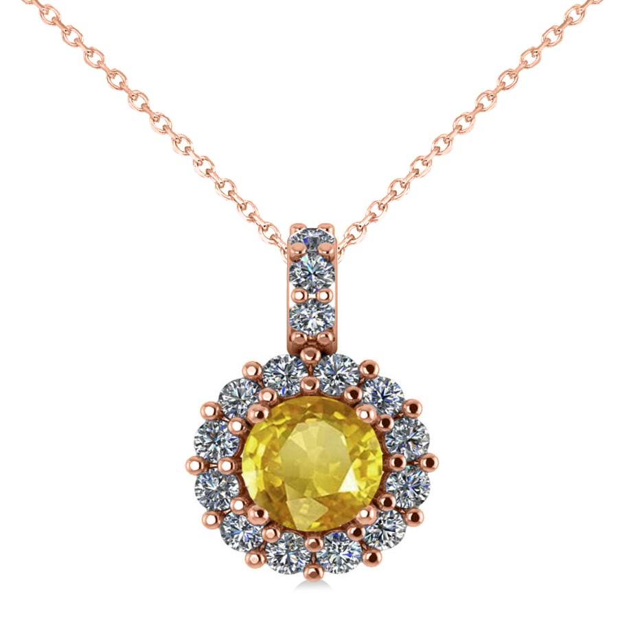 Round Yellow Sapphire & Diamond Halo Pendant Necklace 14k Rose Gold (0.90ct)