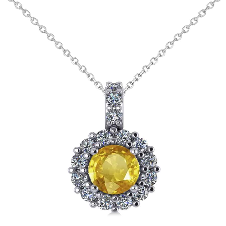 Round Yellow Sapphire & Diamond Halo Pendant Necklace 14k White Gold (0.90ct)