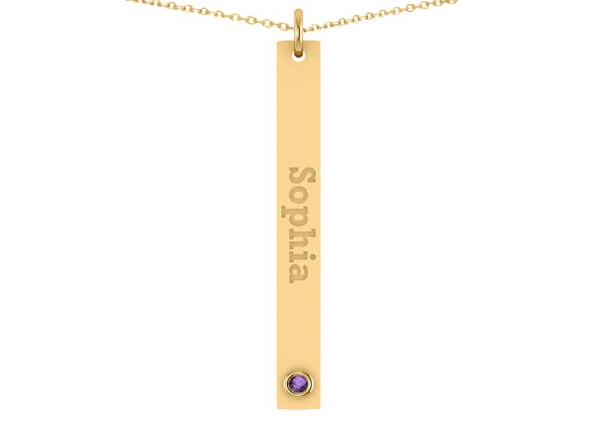 Name Engravable Amethyst Bar Pendant Necklace 14k Yellow Gold (0.03ct)