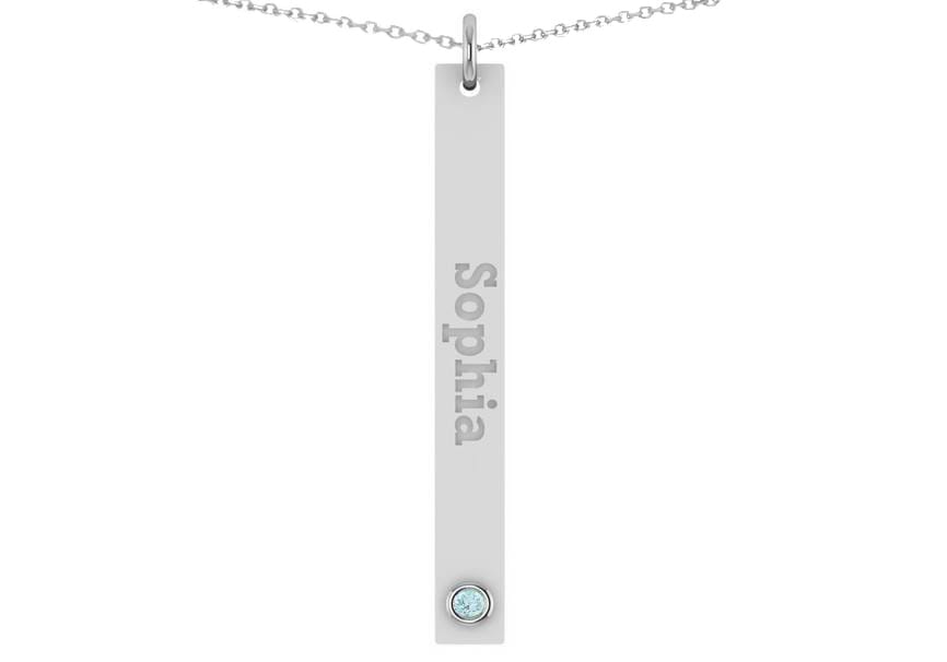 Name Engravable Aquamarine Bar Pendant Necklace 14k White Gold (0.03ct)