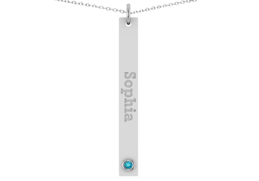 Name Engravable Blue Diamond Bar Pendant Necklace 14k White Gold