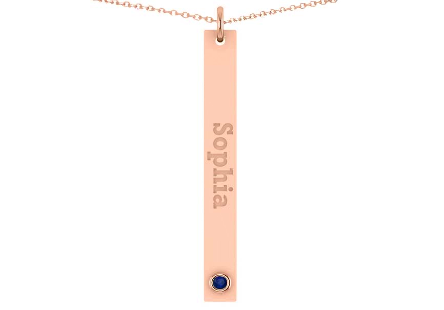 Name Engravable Blue Sapphire Bar Pendant Necklace 14k Rose Gold