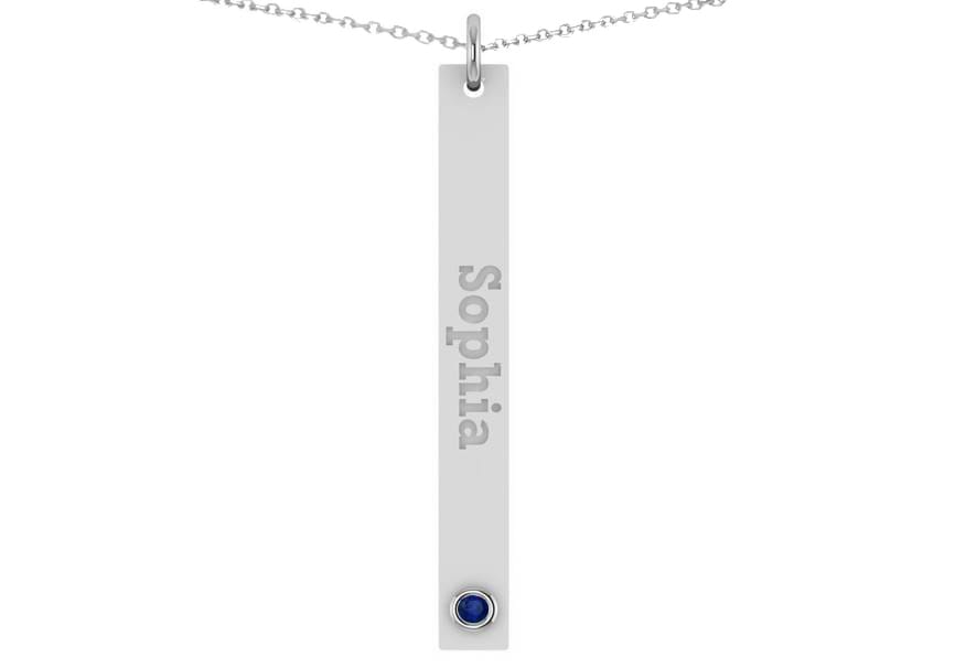 Name Engravable Blue Sapphire Bar Pendant Necklace 14k White Gold