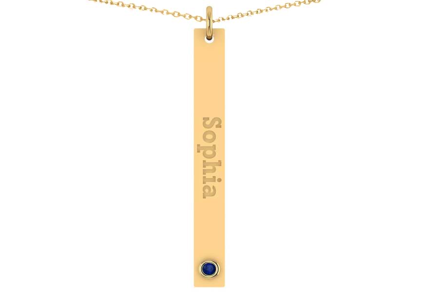 Name Engravable Blue Sapphire Bar Pendant Necklace 14k Yellow Gold