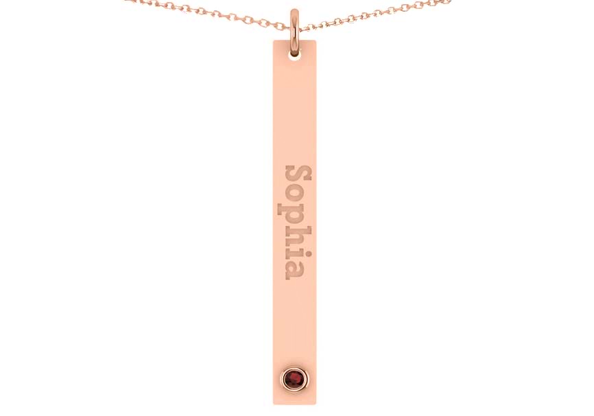 Name Engravable Garnet Bar Pendant Necklace 14k Rose Gold (0.03ct)