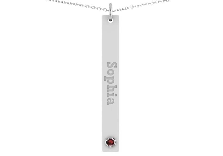 Name Engravable Garnet Bar Pendant Necklace 14k White Gold (0.03ct)