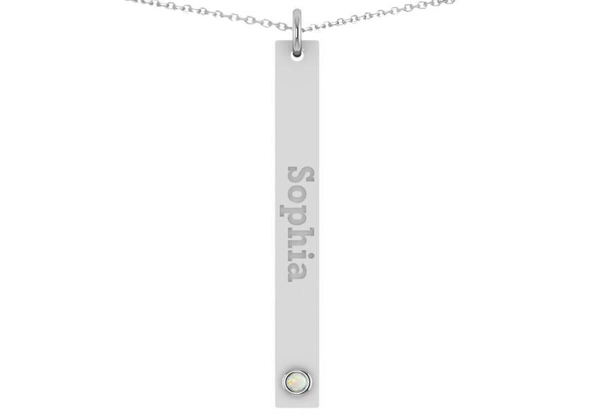 Name Engravable Opal Bar Pendant Necklace 14k White Gold (0.03ct)