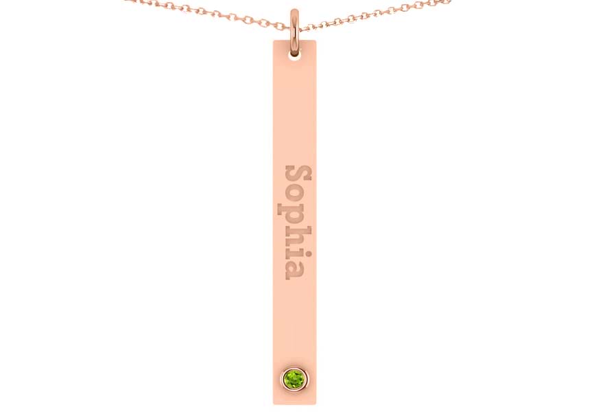 Name Engravable Peridot Bar Pendant Necklace 14k Rose Gold (0.03ct)