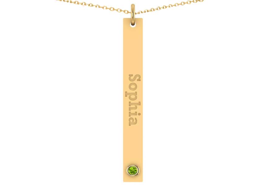 Name Engravable Peridot Bar Pendant Necklace 14k Yellow Gold (0.03ct)