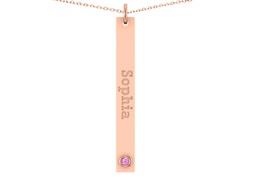 Name Engravable Pink Sapphire Bar Pendant Necklace 14k Rose Gold