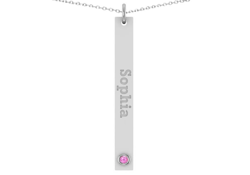Name Engravable Pink Sapphire Bar Pendant Necklace 14k White Gold