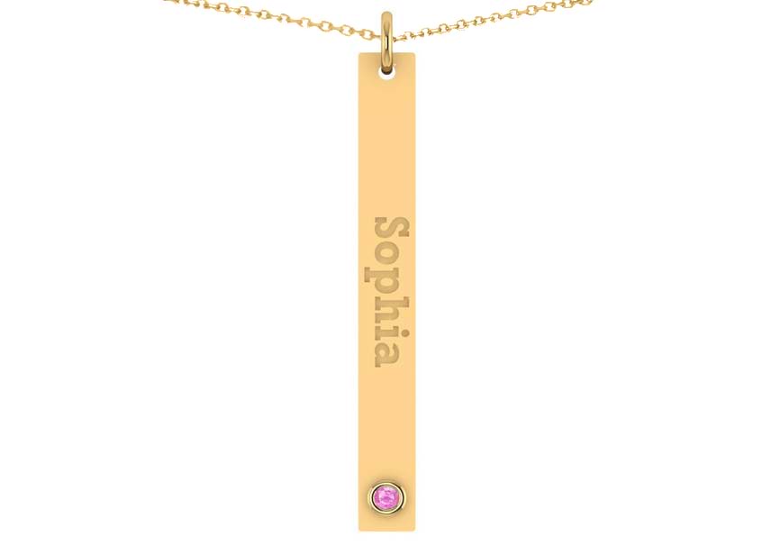 Name Engravable Pink Sapphire Bar Pendant Necklace 14k Yellow Gold