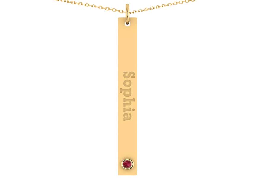 Name Engravable Ruby Bar Pendant Necklace 14k Yellow Gold (0.03ct)