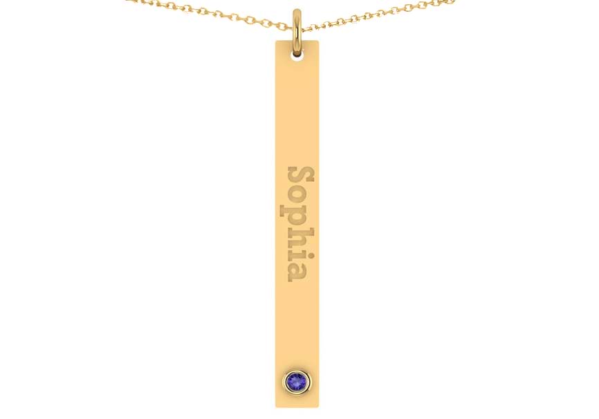 Name Engravable Tanzanite Bar Pendant Necklace 14k Yellow Gold (0.03ct)