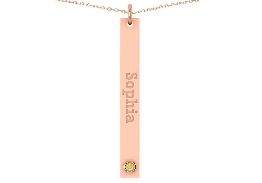 Name Engravable Yellow Diamond Bar Pendant Necklace 14k Rose Gold