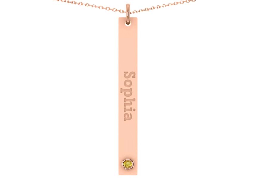 Name Engravable Yellow Sapphire Bar Pendant Necklace 14k Rose Gold
