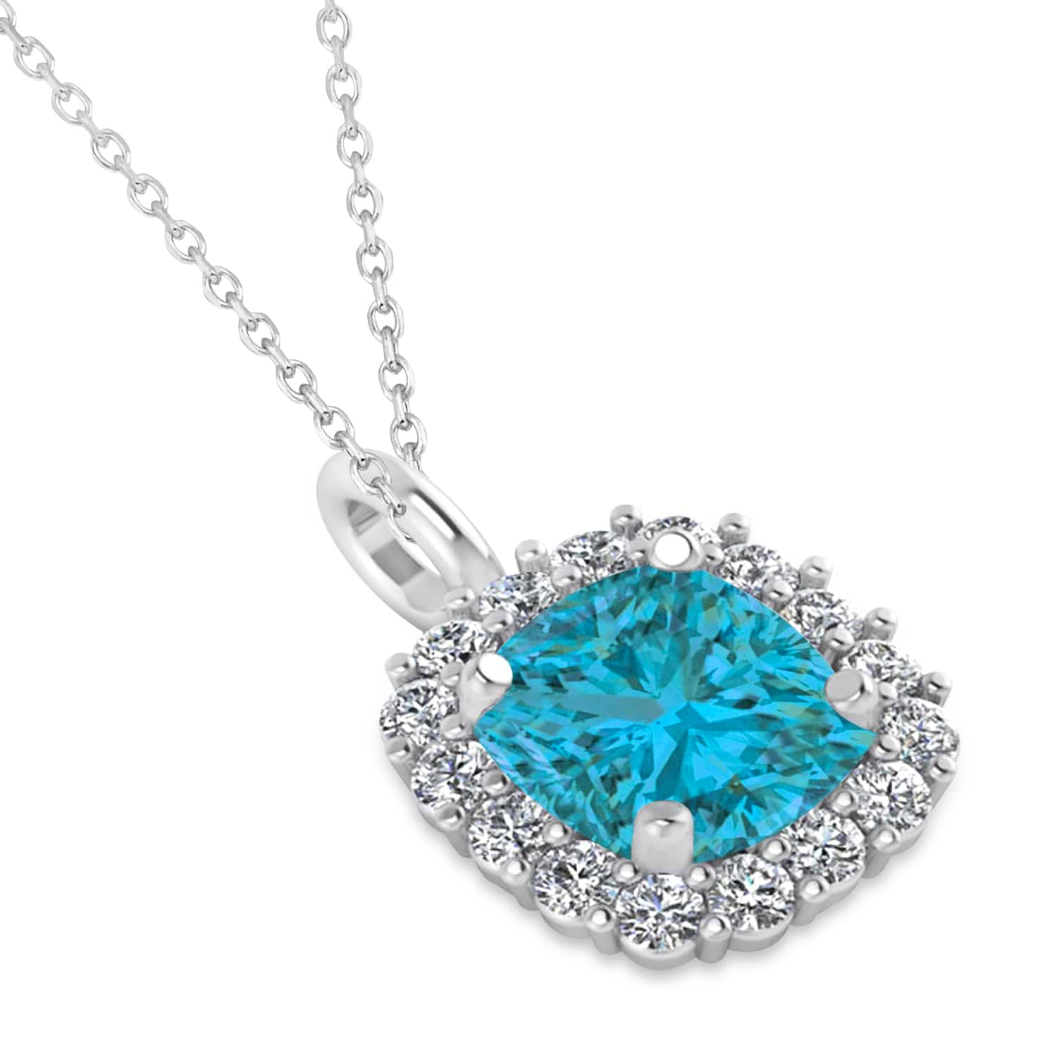 Cushion Cut Blue & White Diamond Halo Pendant 14k Blue Gold (0.78ct)