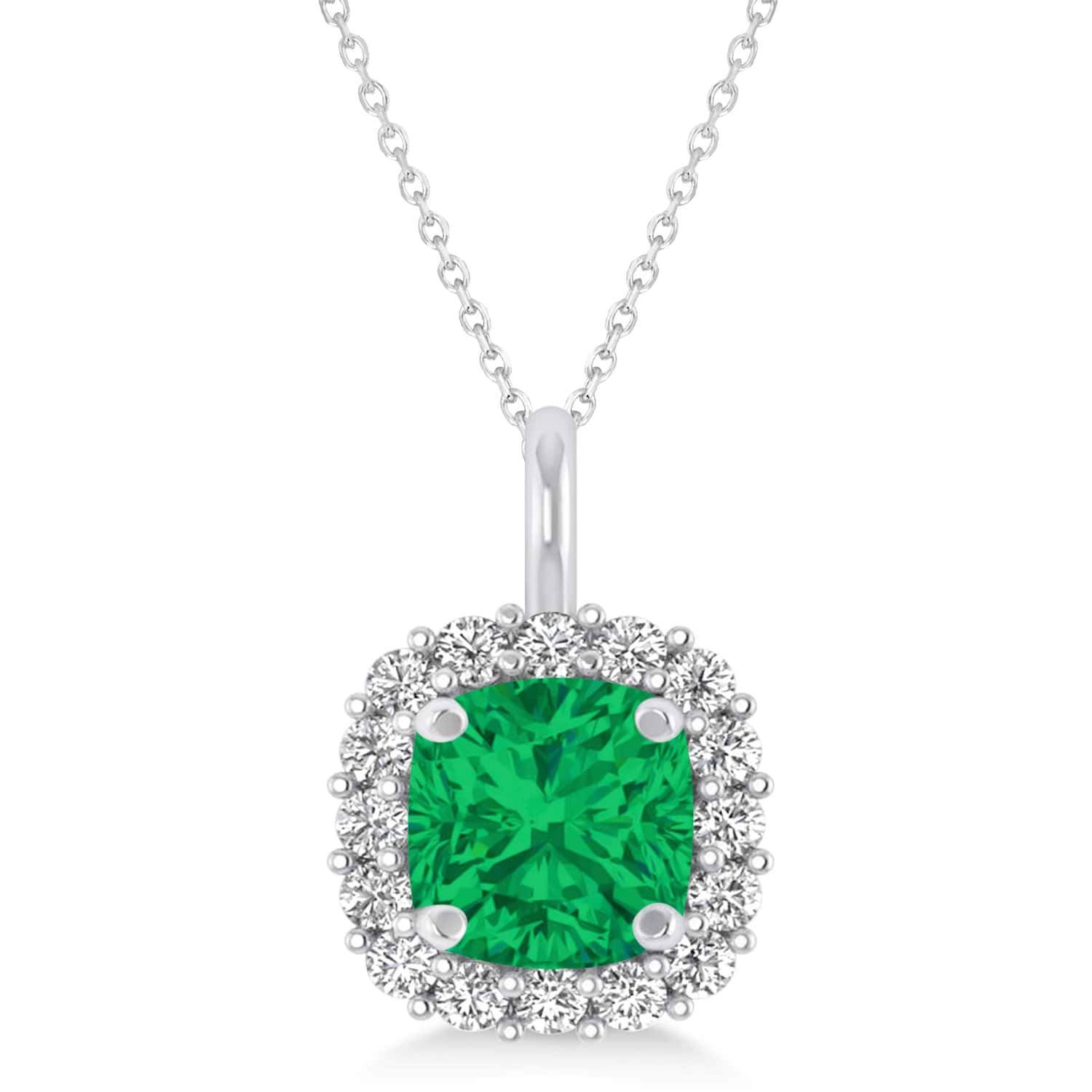 Cushion Cut Emerald & Diamond Halo Pendant 14k White Gold (0.92ct)