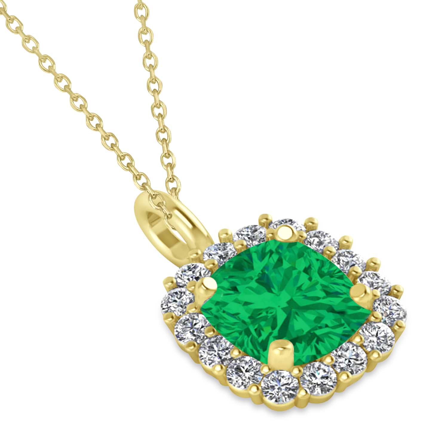 Cushion Cut Emerald & Diamond Halo Pendant 14k Yellow Gold (0.92ct)