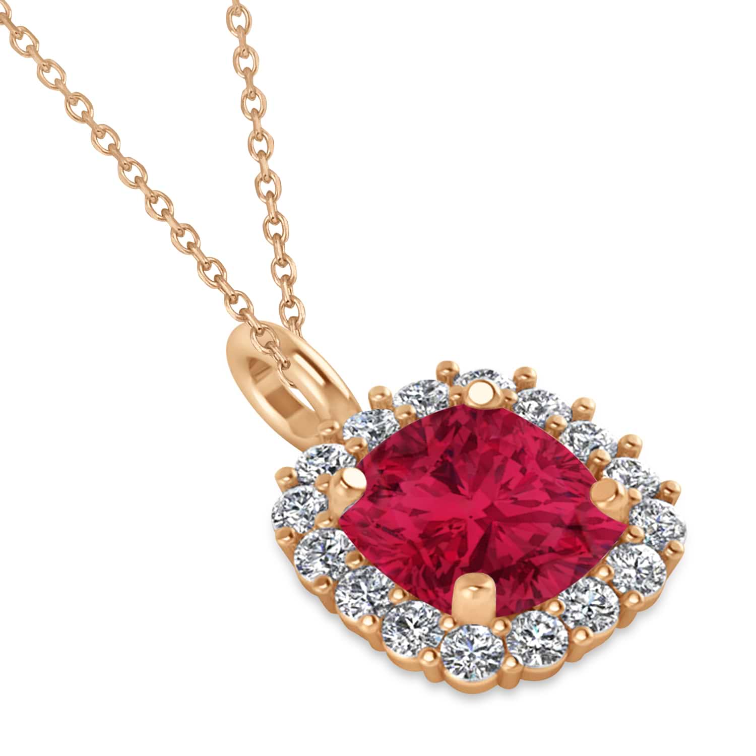 Cushion Cut Ruby & Diamond Halo Pendant 14k Rose Gold (0.92ct)