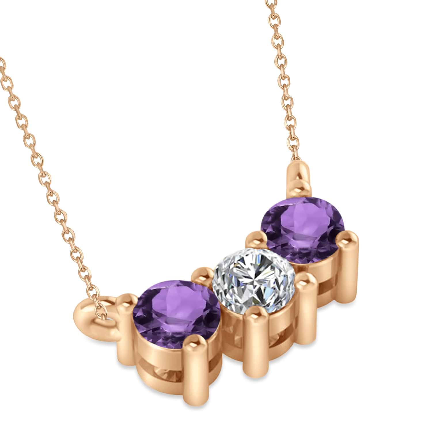 Three Stone Diamond & Amethyst Pendant Necklace 14k Rose Gold (0.45ct)