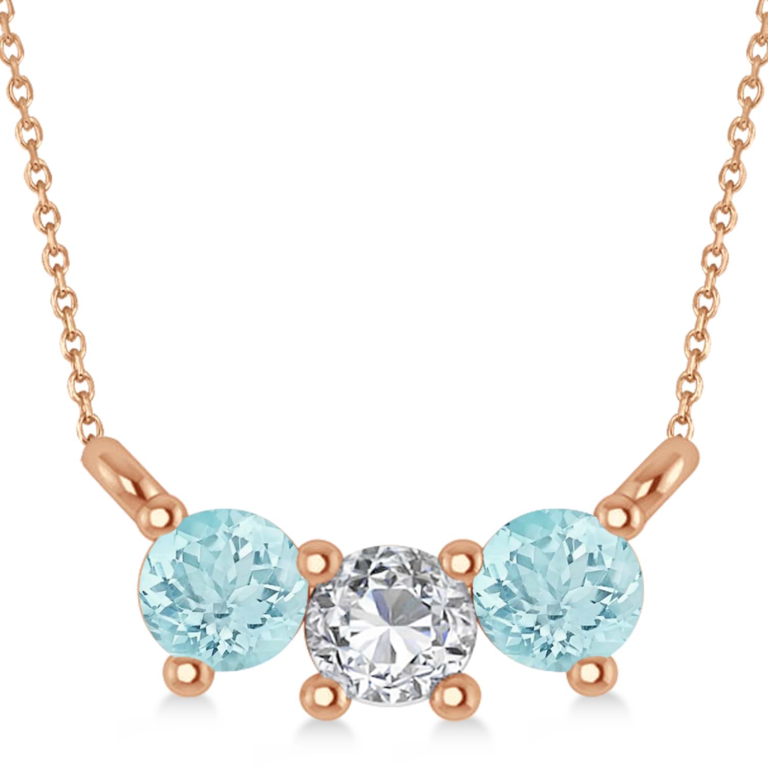 Three Stone Diamond & Aquamarine Pendant Necklace 14k Rose Gold (0.45ct)