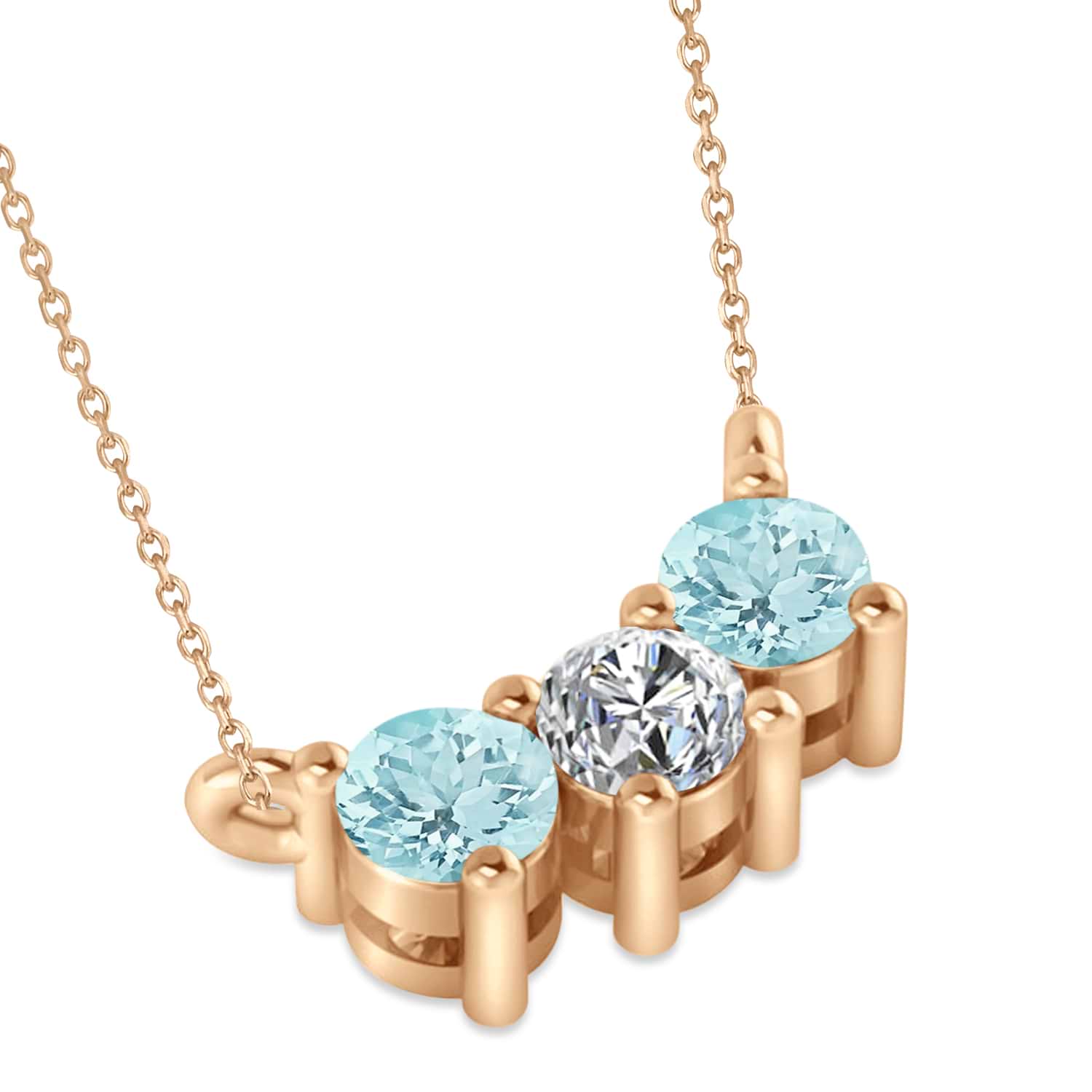 Three Stone Diamond & Aquamarine Pendant Necklace 14k Rose Gold (0.45ct)