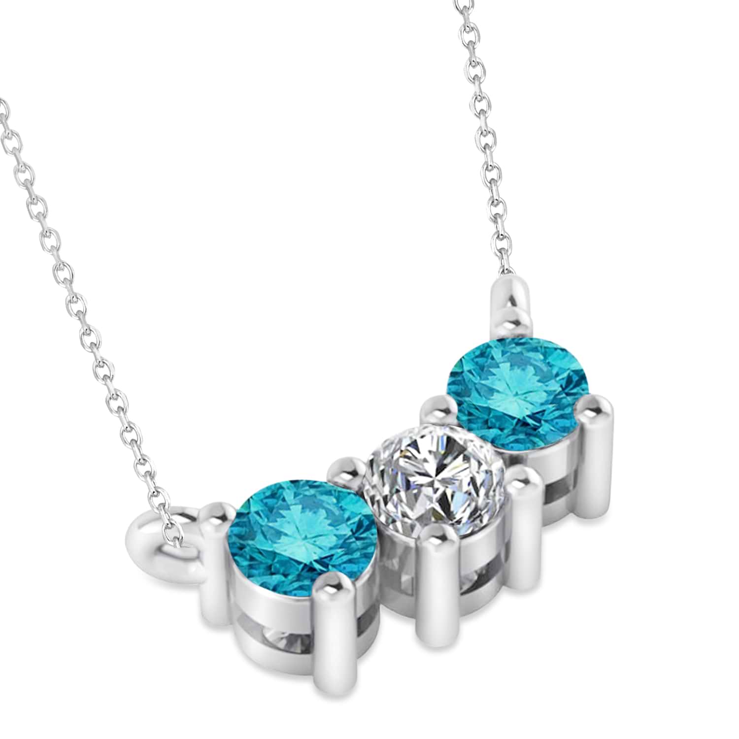 Three Stone Diamond & Blue Diamond Pendant Necklace 14k White Gold (0.45ct)