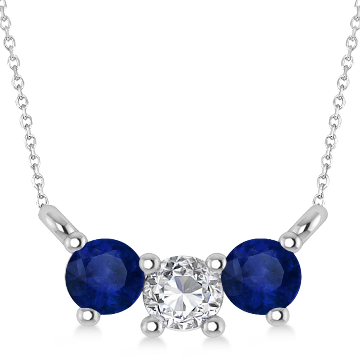 Three Stone Diamond & Blue Sapphire Pendant Necklace 14k White Gold (0.45ct)