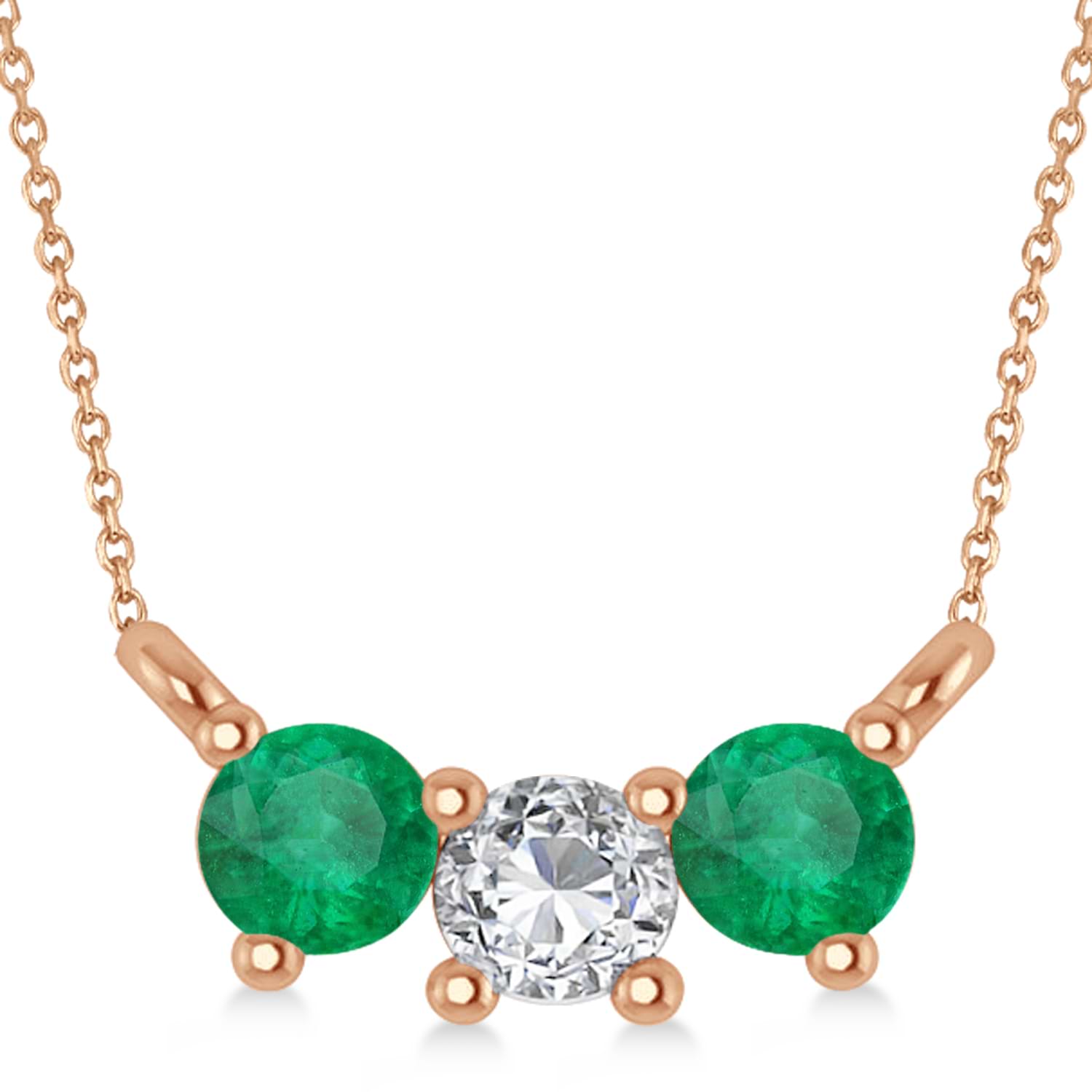 Three Stone Diamond & Emerald Pendant Necklace 14k Rose Gold (0.45ct)