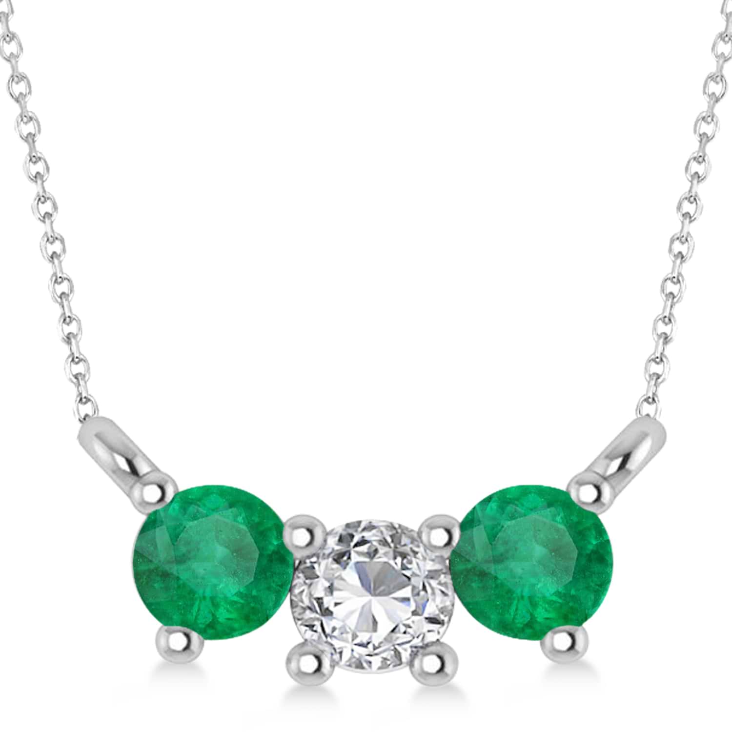 Three Stone Diamond & Emerald Pendant Necklace 14k White Gold (0.45ct)