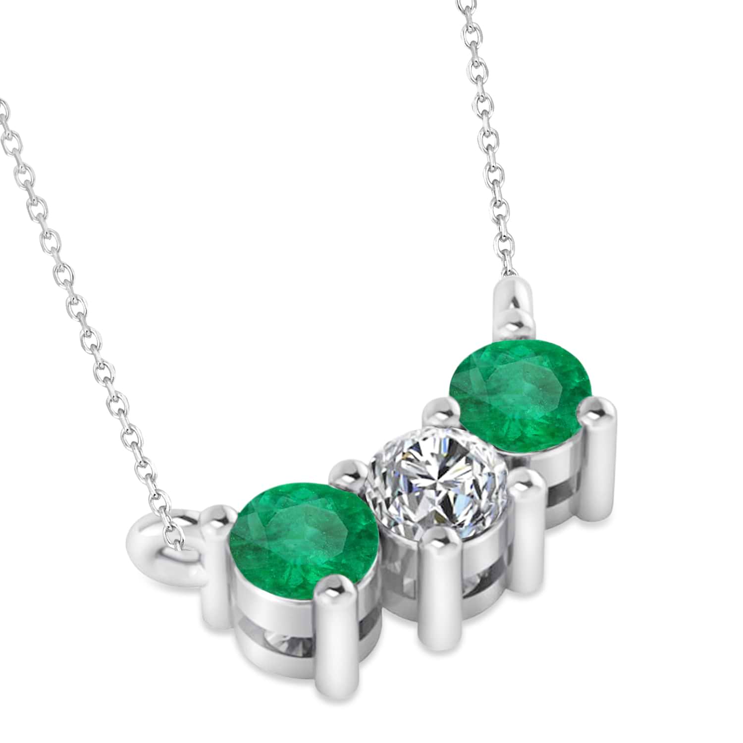 Three Stone Diamond & Emerald Pendant Necklace 14k White Gold (0.45ct)