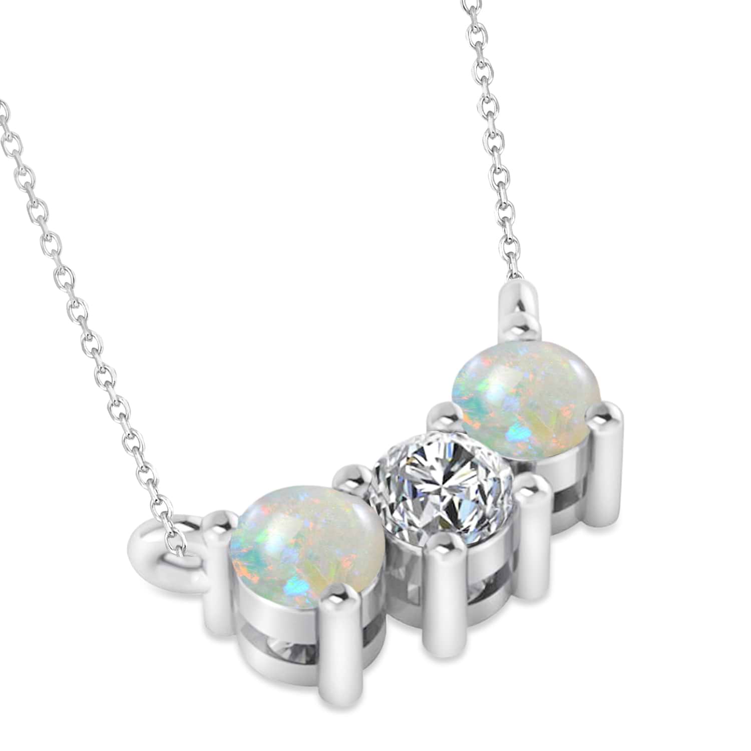 Three Stone Diamond & Opal Pendant Necklace 14k White Gold (0.45ct)