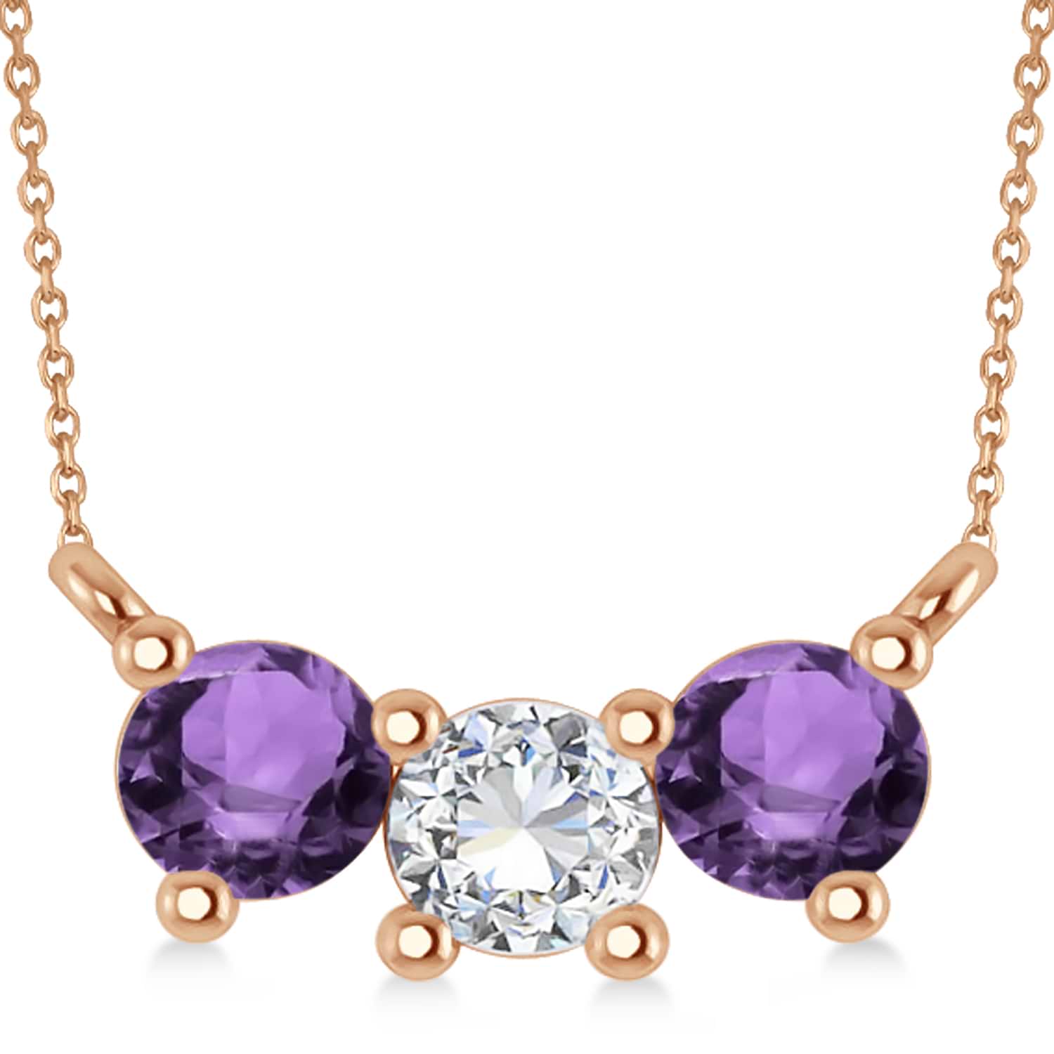 Three Stone Diamond & Amethyst Pendant Necklace 14k Rose Gold (1.00ct)