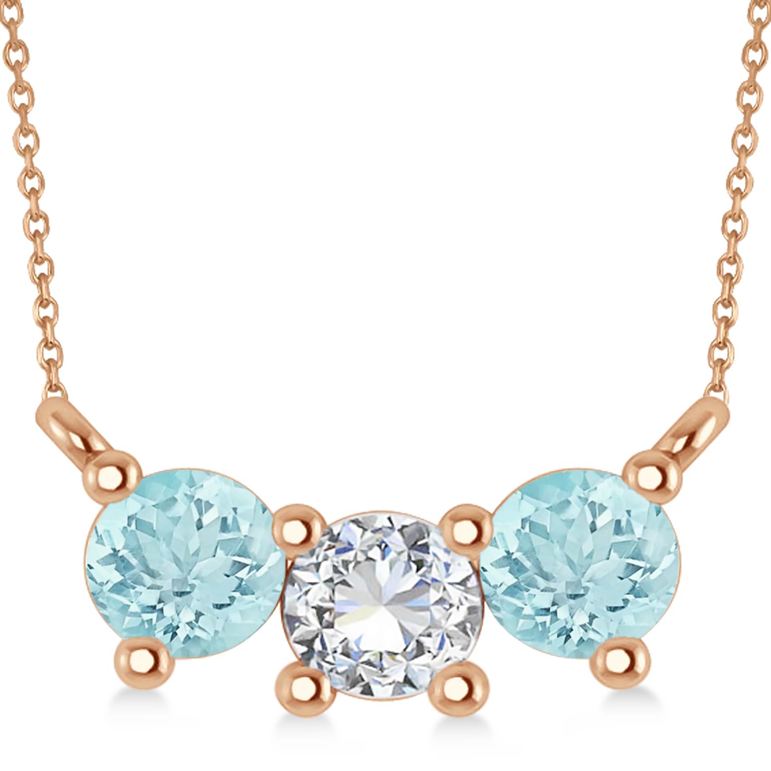 Three Stone Diamond & Aquamarine Pendant Necklace 14k Rose Gold (1.00ct)