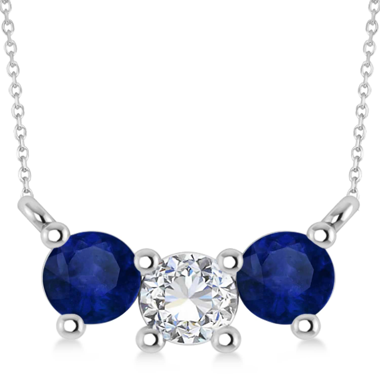 Three Stone Diamond & Blue Sapphire Pendant Necklace 14k White Gold (1.00ct)