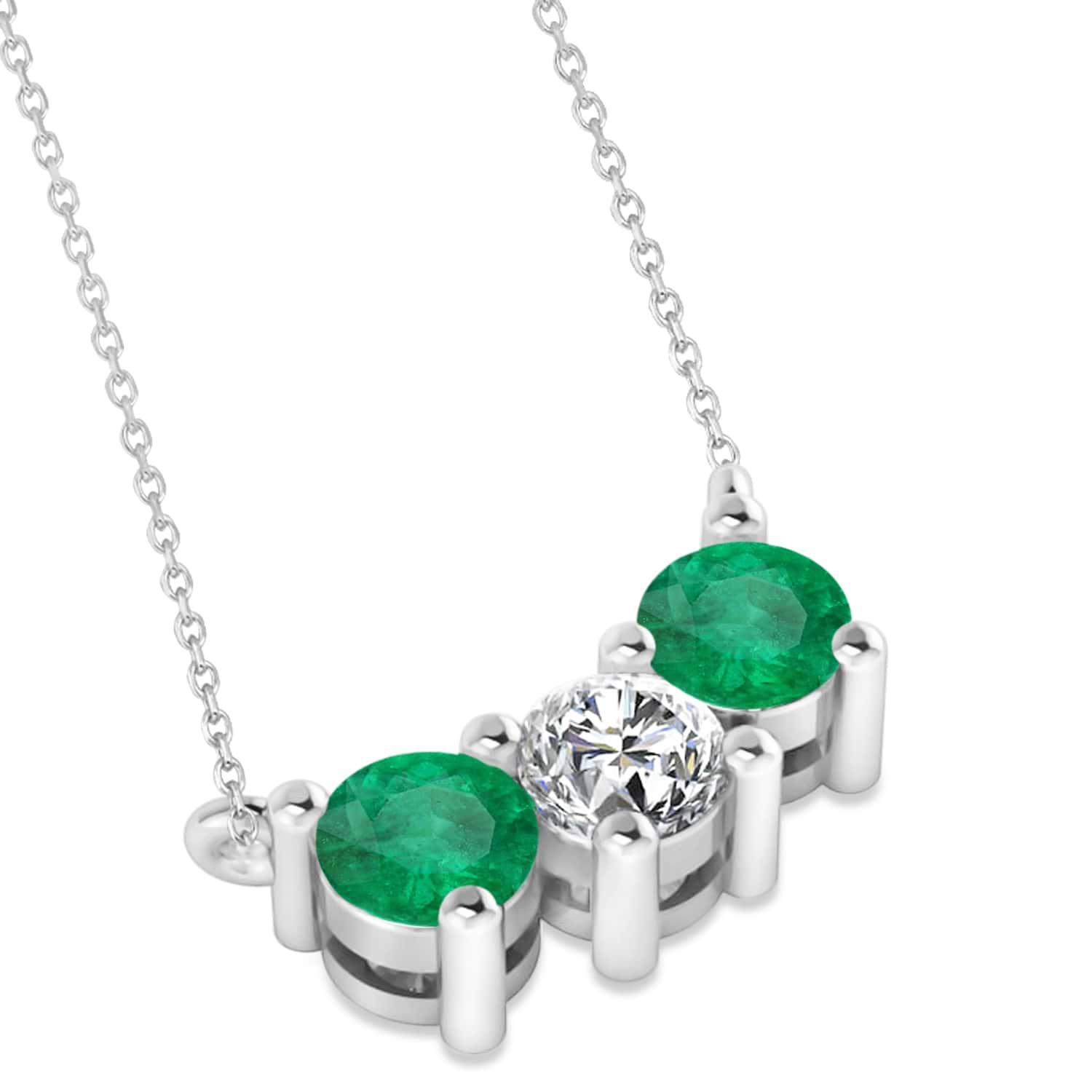 Three Stone Diamond & Emerald Pendant Necklace 14k White Gold (1.00ct)