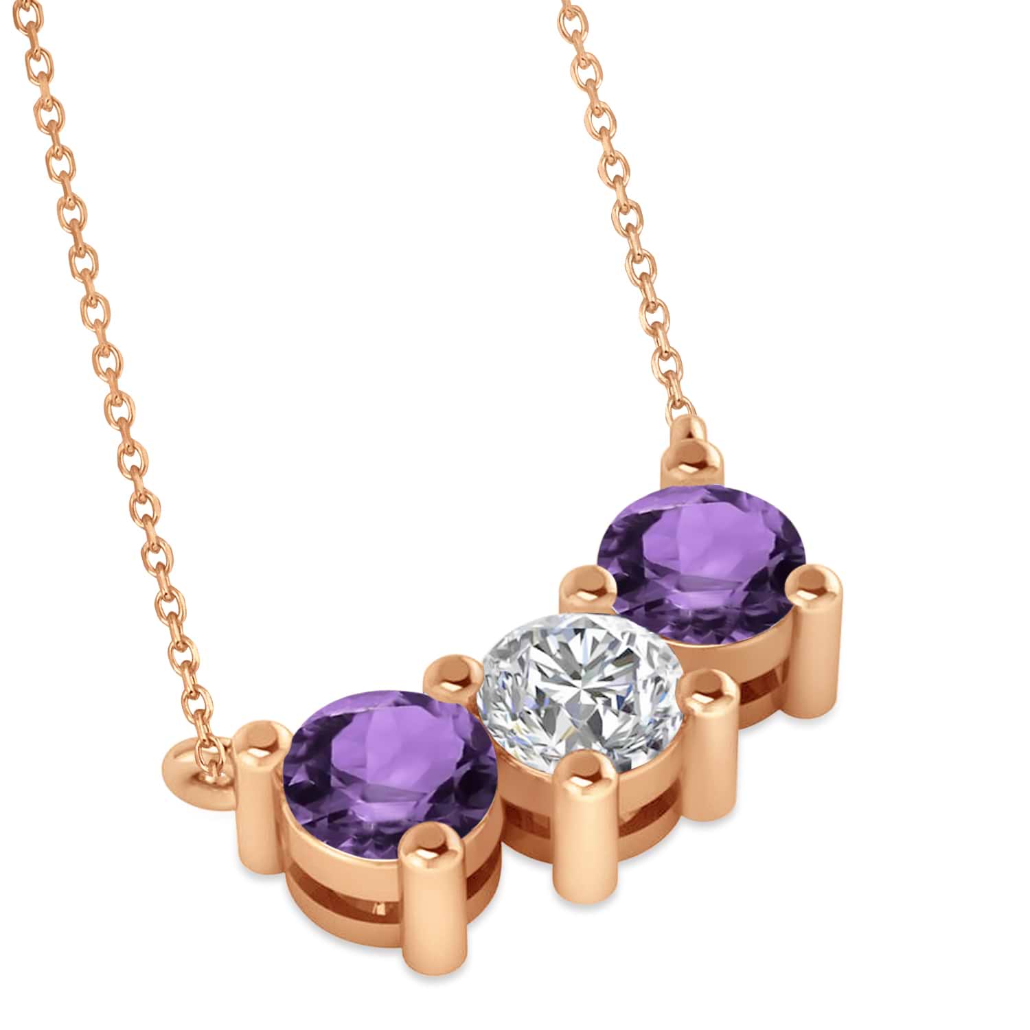 Three Stone Diamond & Amethyst Pendant Necklace 14k Rose Gold (1.50ct)
