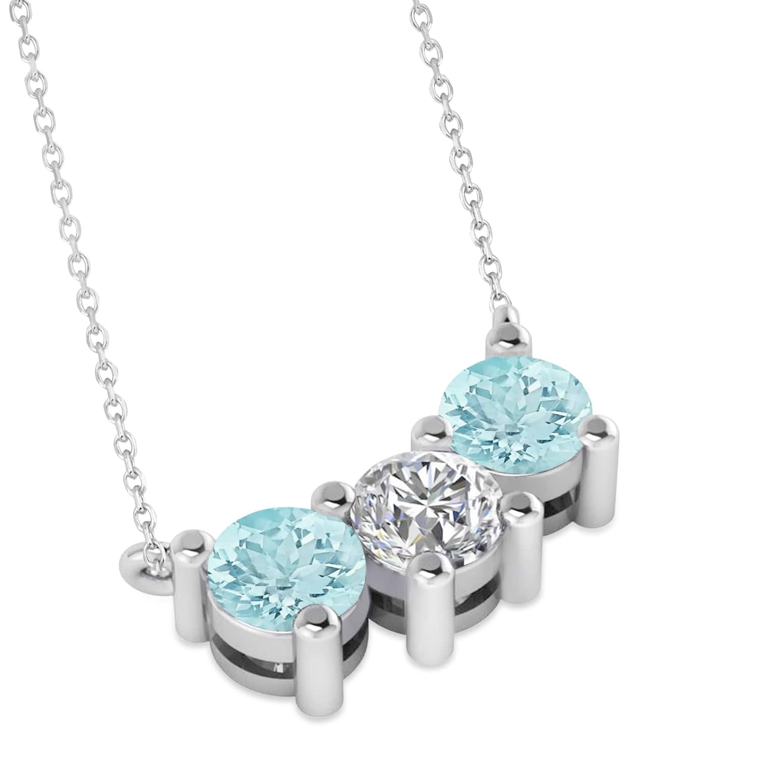 Three Stone Diamond & Aquamarine Pendant Necklace 14k White Gold (1.50ct)
