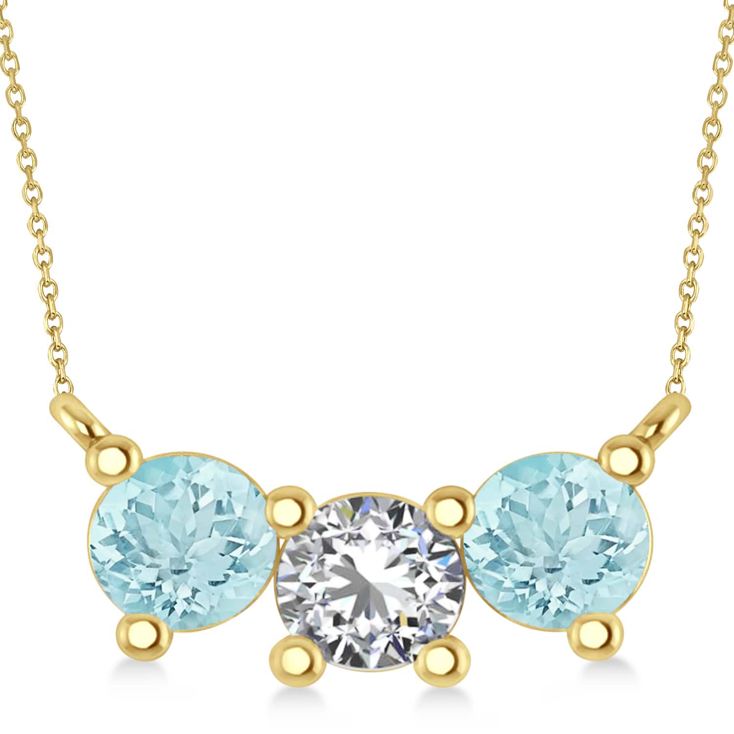 Three Stone Diamond & Aquamarine Pendant Necklace 14k Yellow Gold (1.50ct)