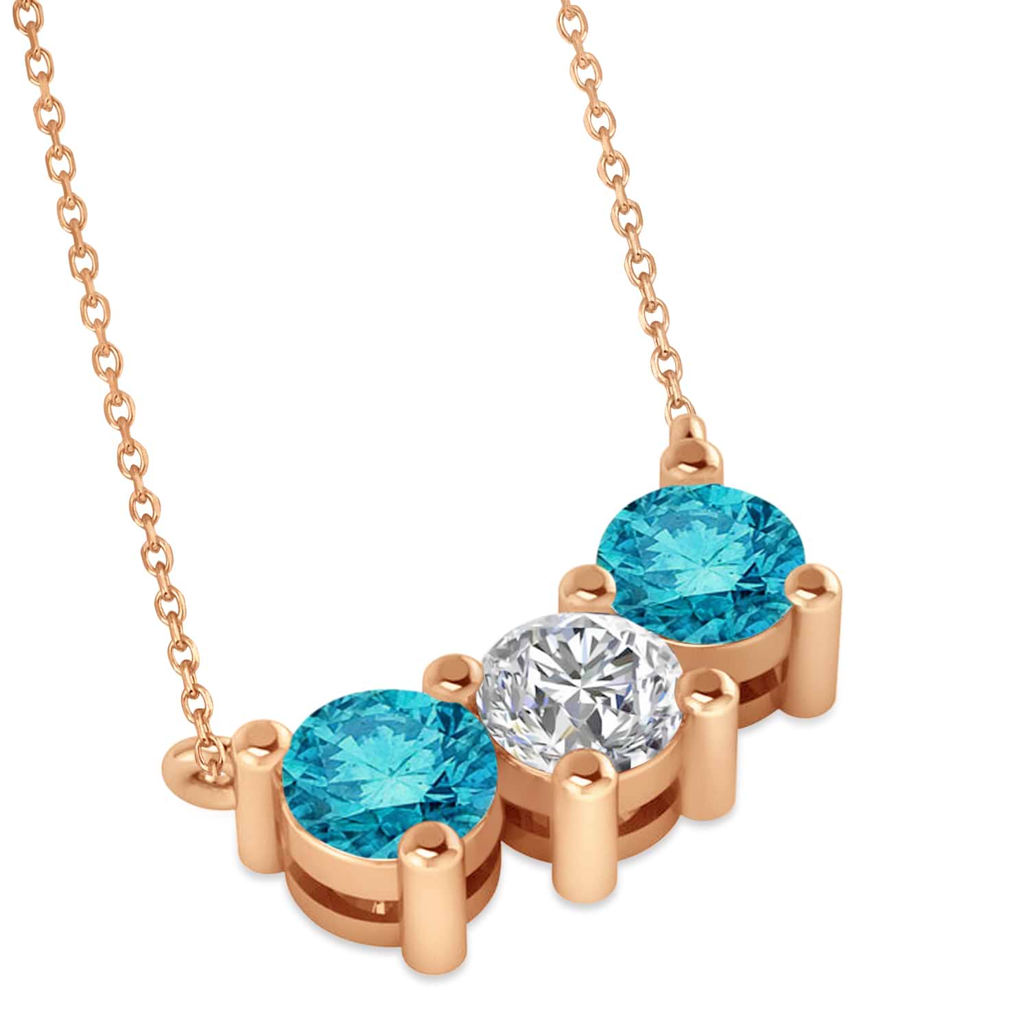 Three Stone Diamond & Blue Diamond Pendant Necklace 14k Rose Gold (1.50ct)
