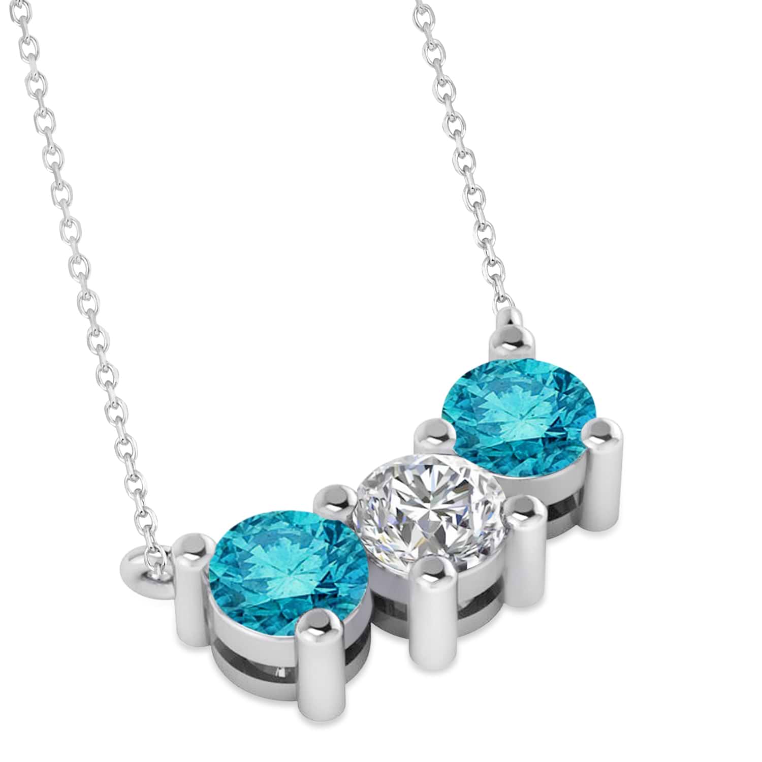 Three Stone Diamond & Blue Diamond Pendant Necklace 14k White Gold (1.50ct)