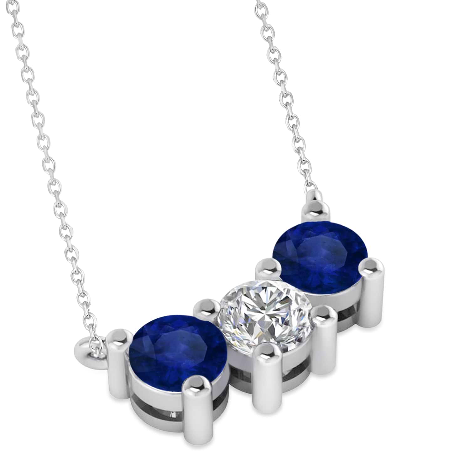 Three Stone Diamond & Blue Sapphire Pendant Necklace 14k White Gold (1.50ct)