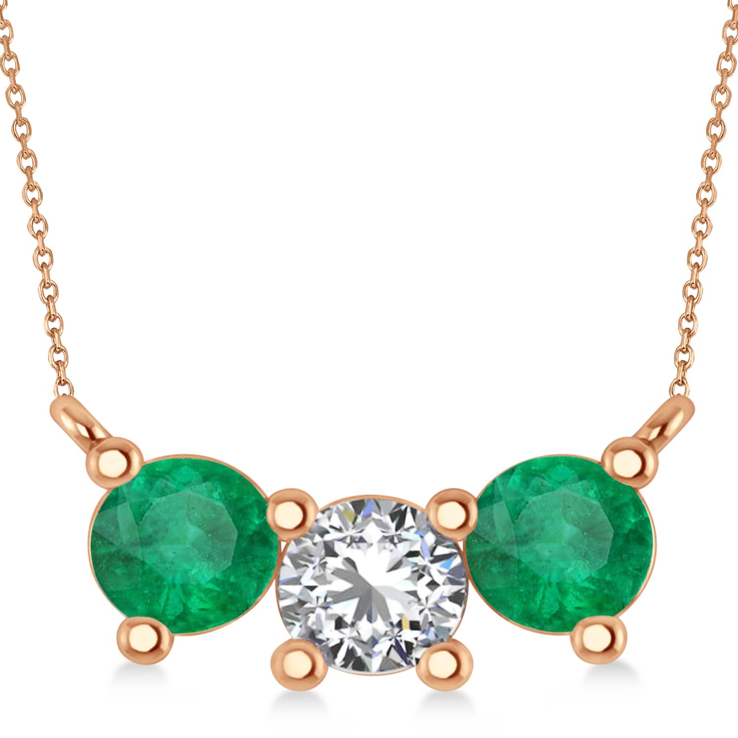 Three Stone Diamond & Emerald Pendant Necklace 14k Rose Gold (1.50ct)