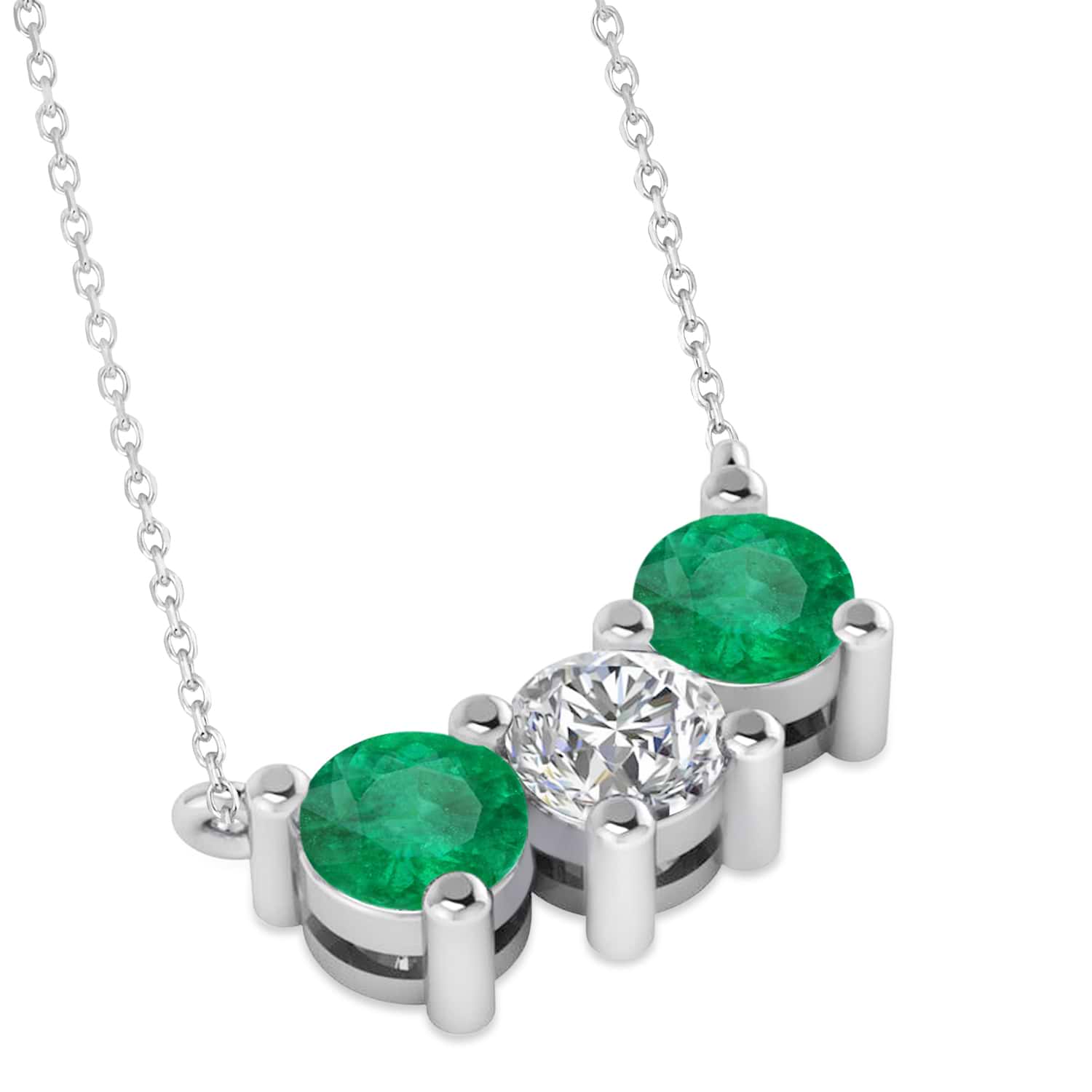 Three Stone Diamond & Emerald Pendant Necklace 14k White Gold (1.50ct)