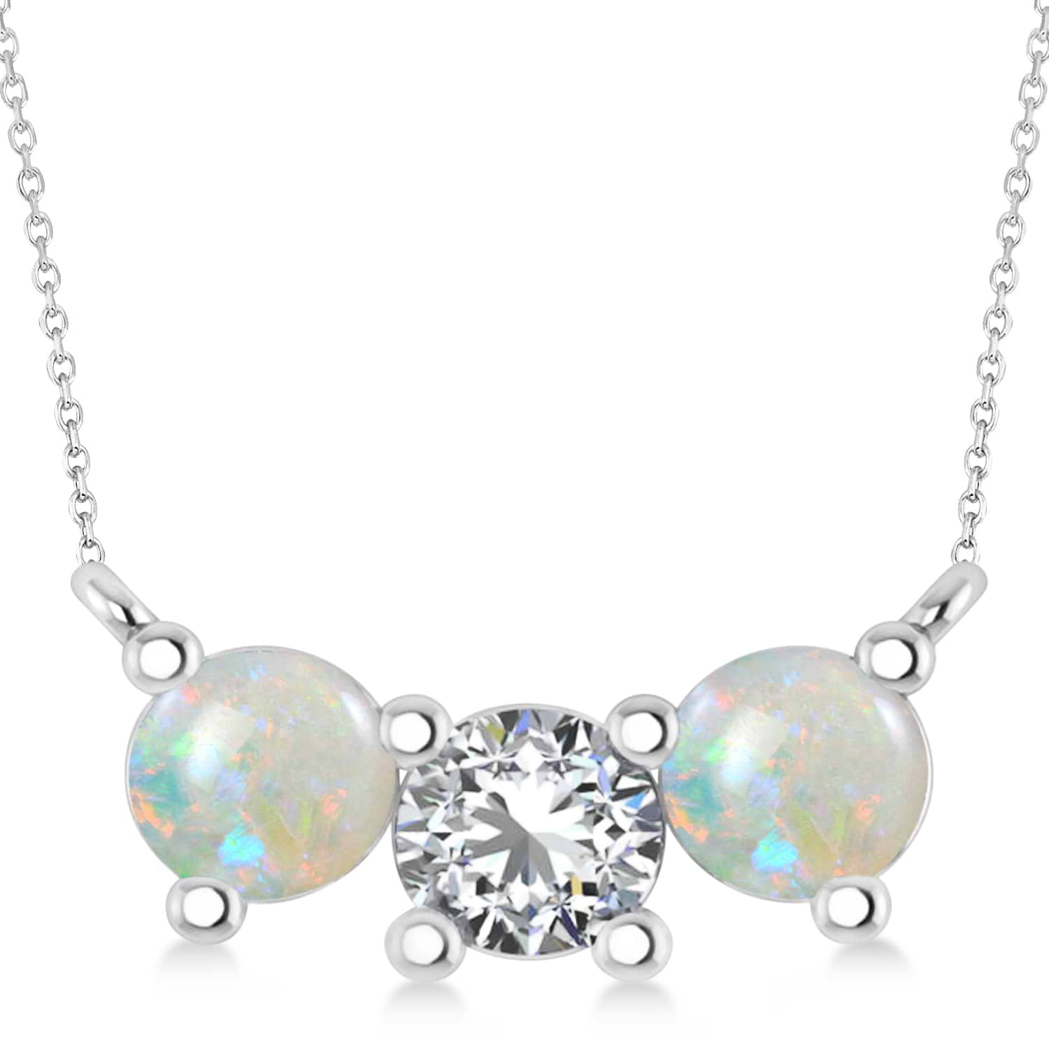 Three Stone Diamond & Opal Pendant Necklace 14k White Gold (1.50ct)
