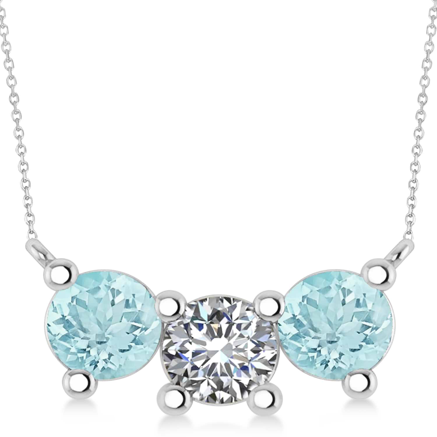 Three Stone Diamond & Aquamarine Pendant Necklace 14k White Gold (3.00ct)