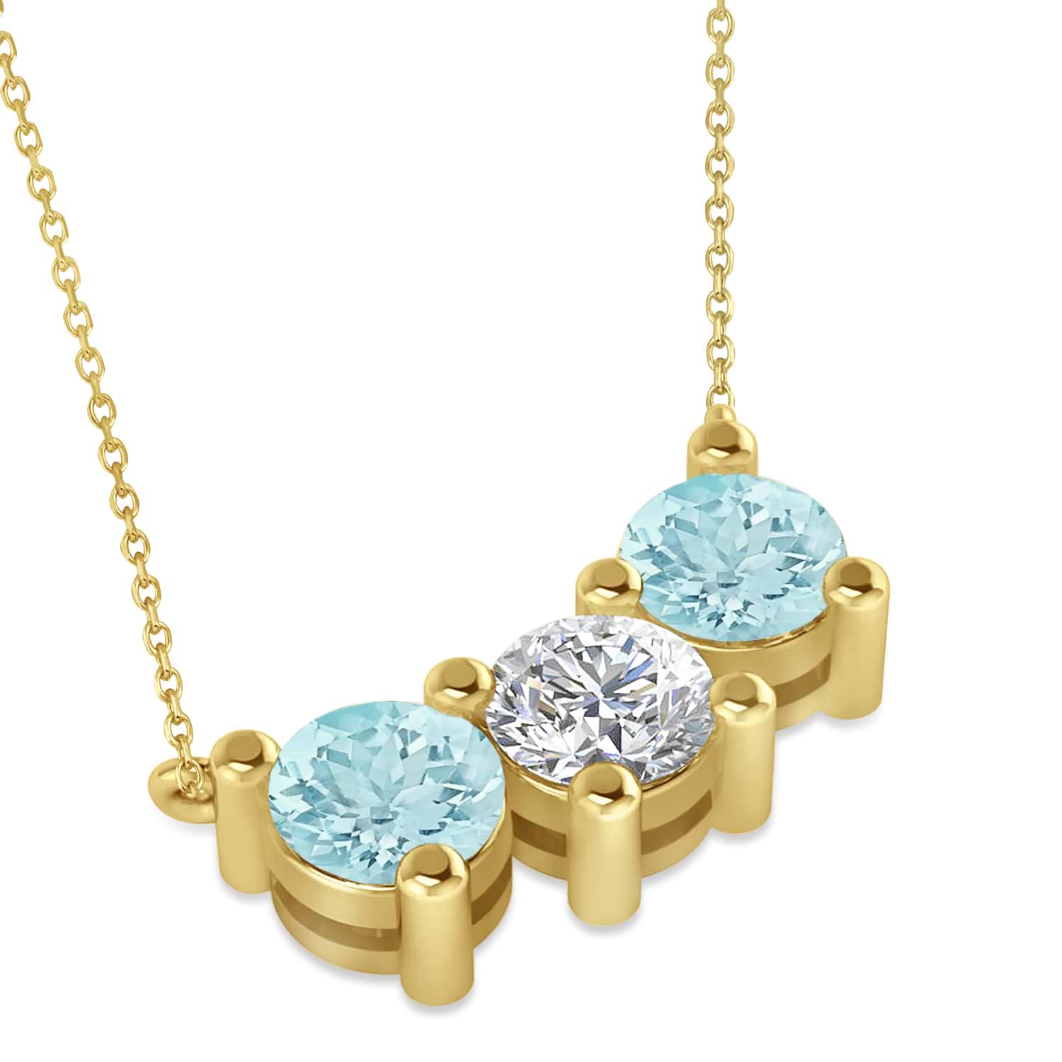 Three Stone Diamond & Aquamarine Pendant Necklace 14k Yellow Gold (3.00ct)