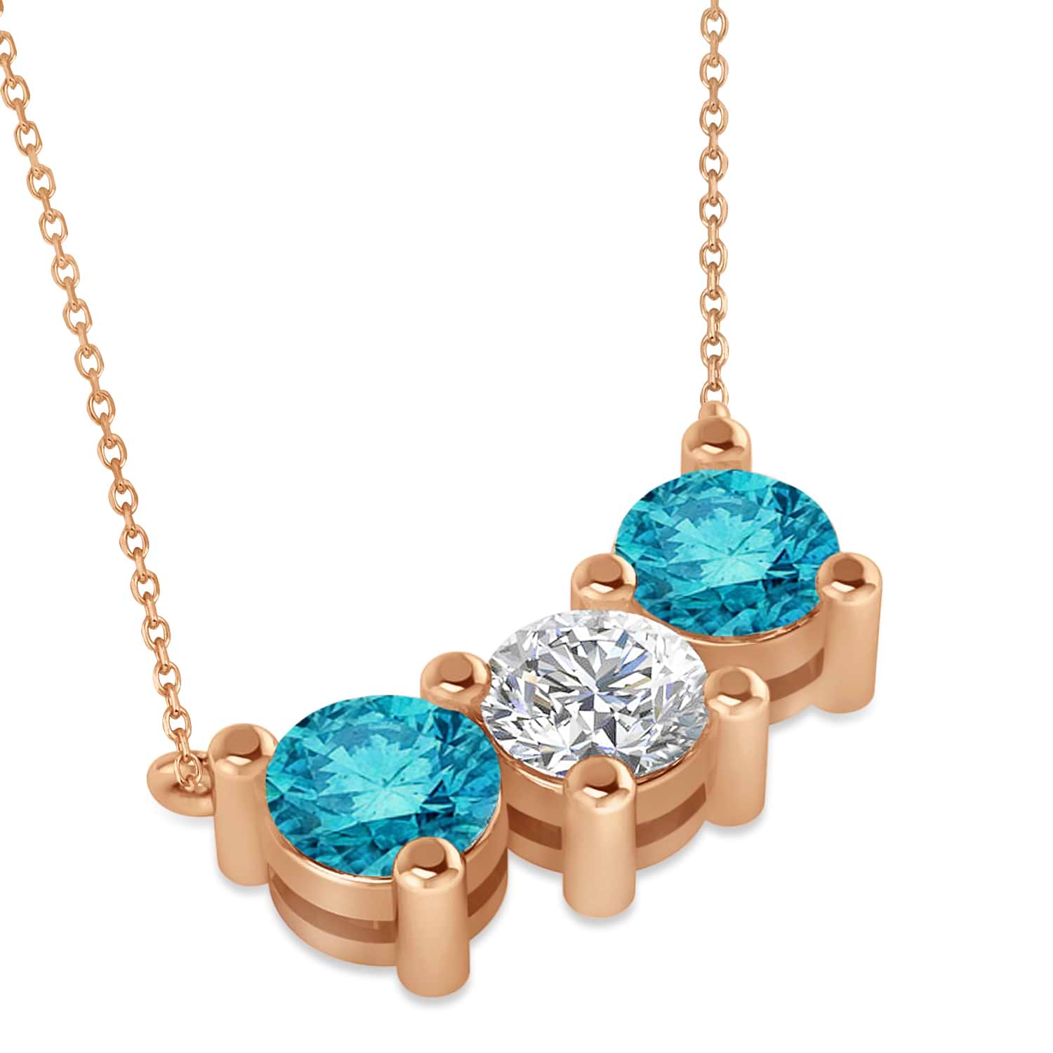 Three Stone Diamond & Blue Diamond Pendant Necklace 14k Rose Gold (3.00ct)