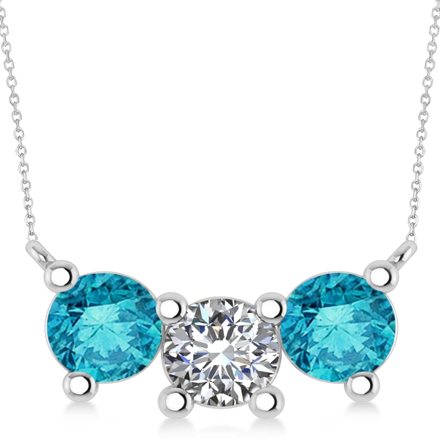 Three Stone Diamond & Blue Diamond Pendant Necklace 14k White Gold (3.00ct)